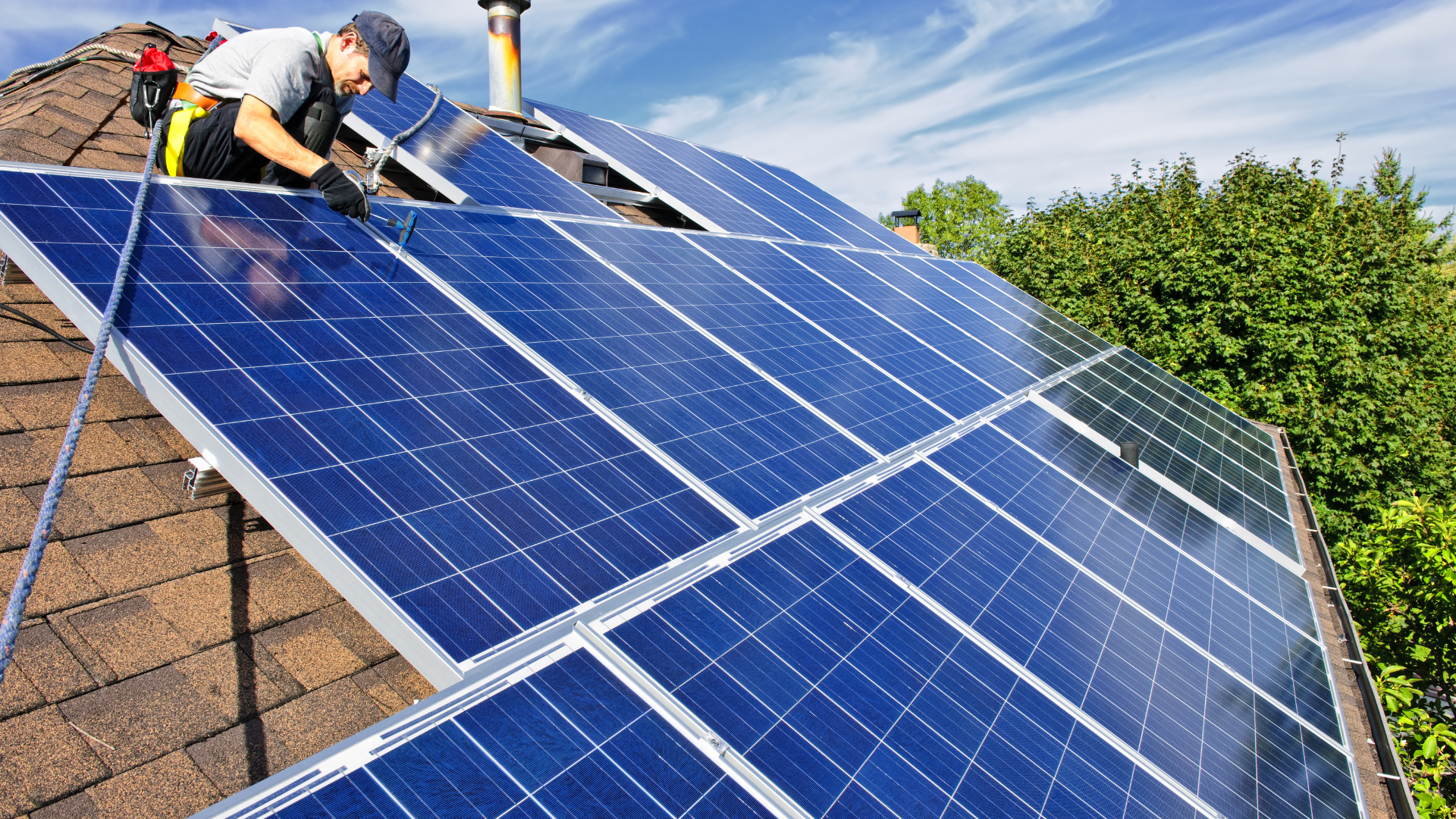 Rooftop solar panels installed on a modern suburban home under clear blue skies